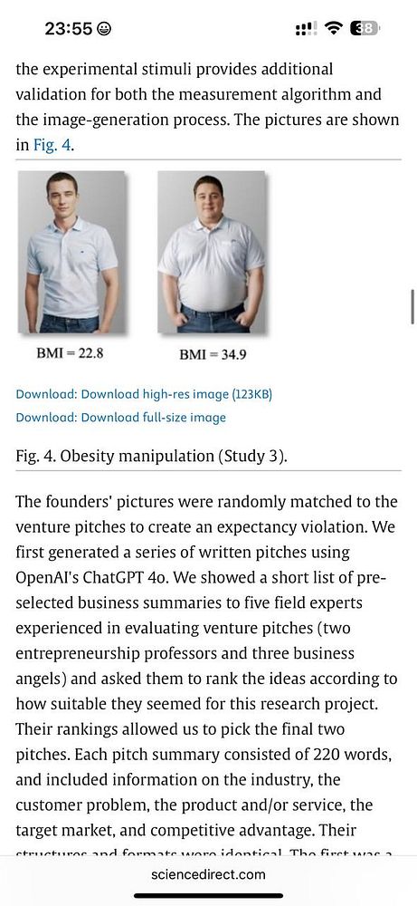 The image displays two male figures with differing body mass indexes (BMIs) in a research context related to obesity.