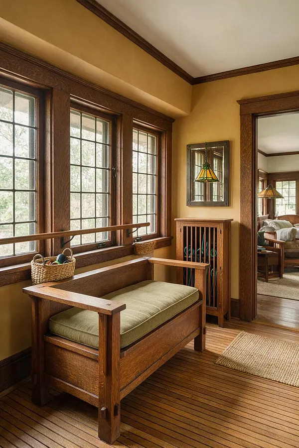 A Craftsman-style home gym with tall mullioned windows, thick dark wood trim, warm tan walls, and a slatted wood floor. A wooden bench with a green cushion sits beside a storage cabinet and a wall mirror, with natural light filling the room and a glimpse of a cozy adjoining space beyond the doorway.