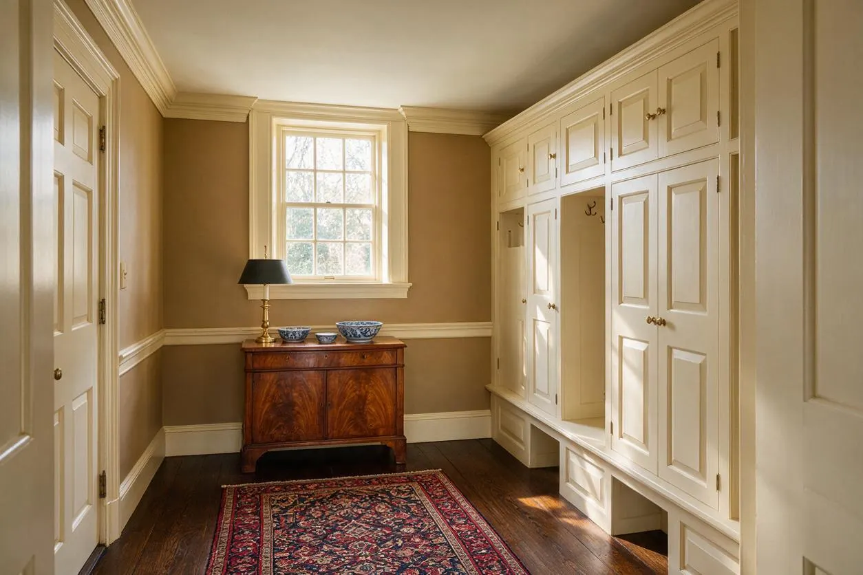 A traditional entryway with warm beige walls, white trim, and dark hardwood floors. One wall is lined with built-in cream-colored cabinets and coat storage, while a wooden console table with a black lamp and blue-and-white bowls sits beneath a central window. A patterned red and navy runner adds color to the narrow space.