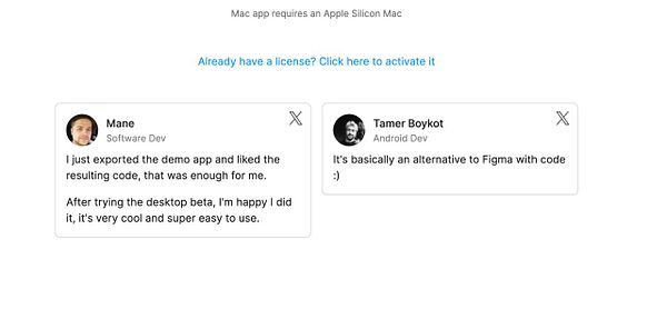 The image displays user testimonials for a software application, highlighting positive feedback from two developers.