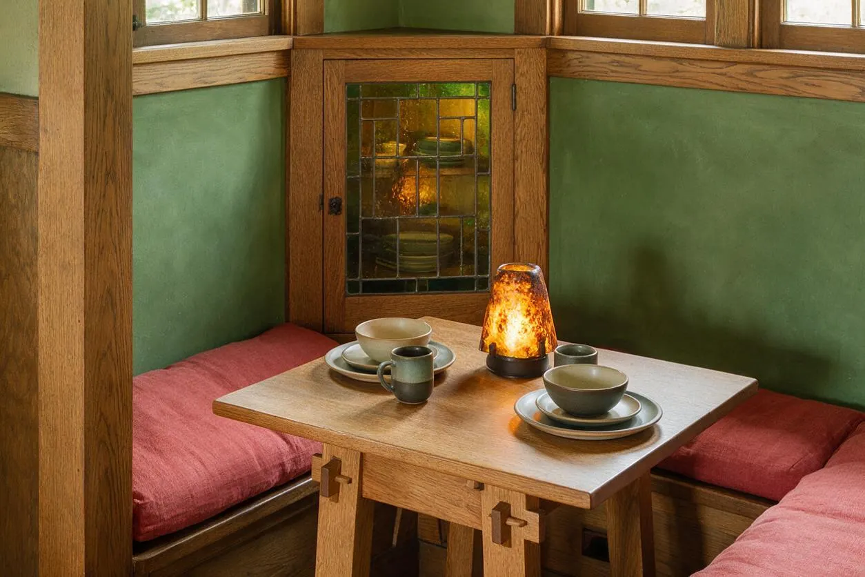 A compact Craftsman-style dining nook with a square wooden table, built-in bench seating with red cushions, and green walls trimmed in natural wood. A stained-glass cabinet and a warm glowing table lamp create a cozy, intimate atmosphere.