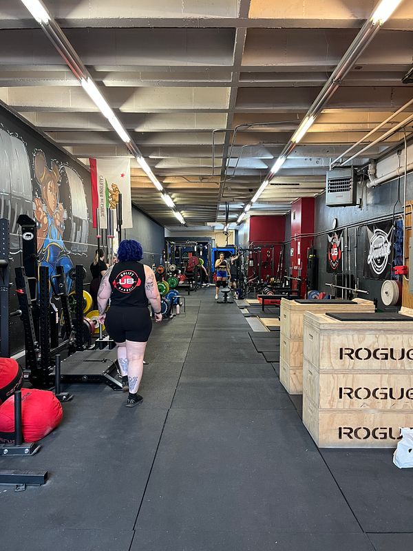 Colorful modern gym interior with multiple workout zones and people exercising.
