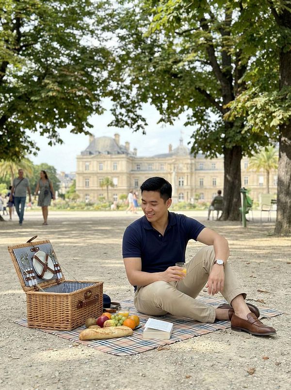A man enjoys a picnic in a park setting with a picnic basket and various fruits.