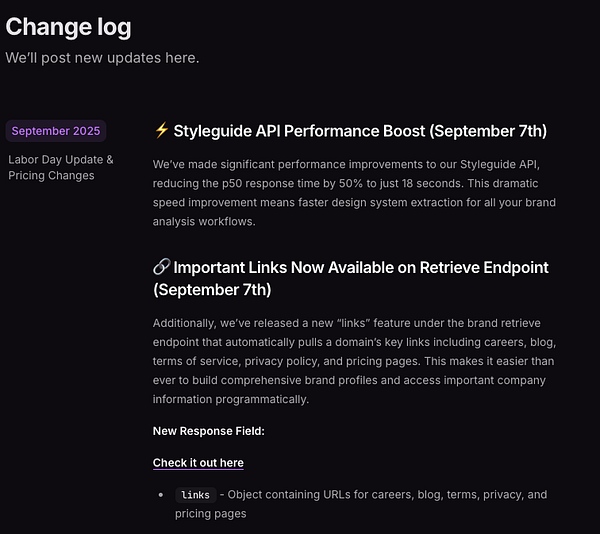 The image displays a change log detailing updates for a Styleguide API and new features for a brand retrieve endpoint.