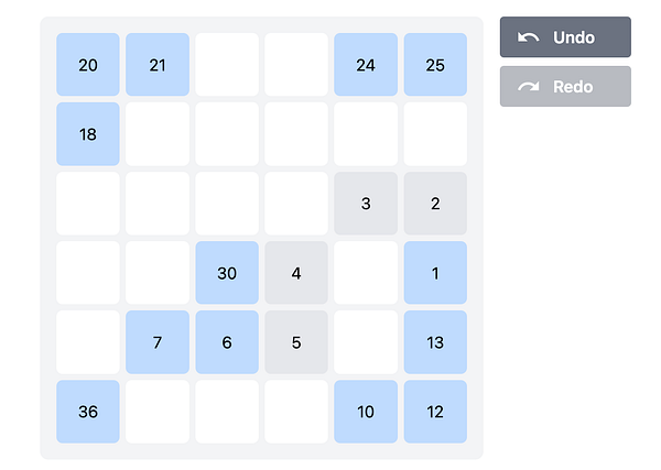 A grid-based puzzle interface displaying various numbered tiles with some highlighted in blue.