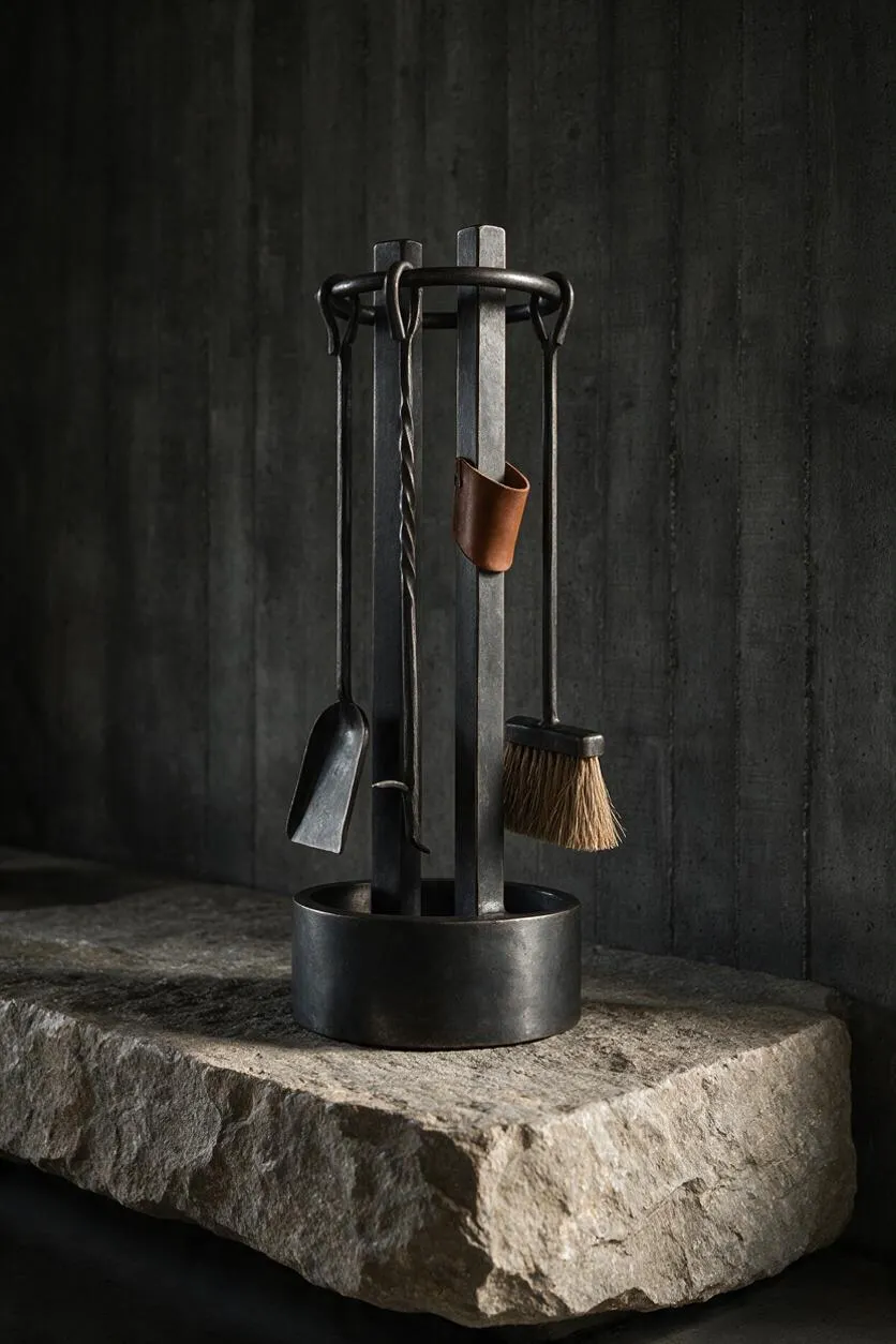A sculptural fireplace tool set stands on a rough stone plinth against a dark concrete wall. Black metal tools hang from a rectangular central frame, accented by a small brown leather holder and a natural-bristle brush.