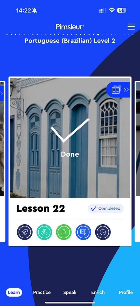 The image displays a mobile app interface for Pimsleur's Portuguese language course.