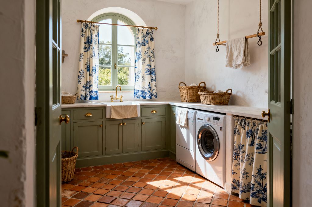 A sunlit laundry room with sage-green Shaker cabinets and a white stone countertop features an apron-front sink centered under an arched window dressed in blue-and-cream toile curtains. Terracotta floor tiles, limewashed plaster walls, brass bridge faucet and hardware, a rope-and-wood hanging drying rack, front-loading washer and dryer, and wicker baskets create a rustic French Country look.