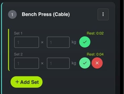 The image displays a workout tracking interface for the bench press exercise with timers for rest periods.