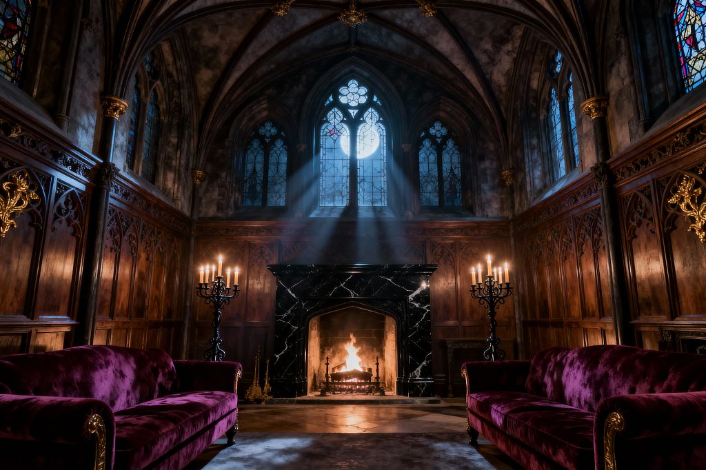 A dramatic Gothic living room features a rib-vaulted ceiling and pointed-arch stained-glass windows above a black marble fireplace with a roaring fire. Carved wood paneling with gilded details wraps the walls, deep plum velvet sofas face each other across a stone floor, and wrought-iron candelabras with lit candles flank the hearth as moonbeams stream through the windows, creating a moody, symmetrical space warmed by firelight.