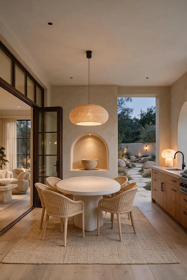 A covered backyard dining area with a round pedestal table surrounded by woven chairs on a natural jute rug. The space features warm plaster walls, a woven pendant light, a built-in arched niche, sliding glass doors, and an outdoor garden path visible through a large opening.