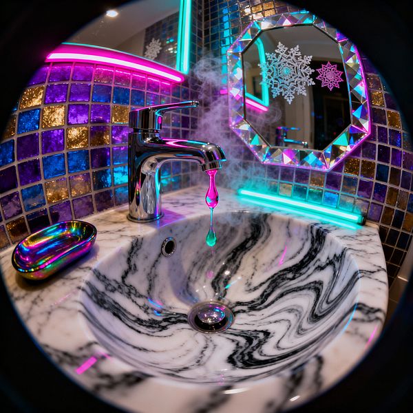 A close-up of a psychedelic-style bathroom vanity features a white marble basin with dramatic black swirls and a polished chrome faucet releasing a magenta-lit droplet amid a curl of steam. The wall is clad in small square glass mosaics in cobalt, purple, and gold. Cyan and hot-pink LED strips outline the backsplash and frame an octagonal prismatic mirror with snowflake decals, casting neon reflections across the sink and an iridescent metal soap dish.