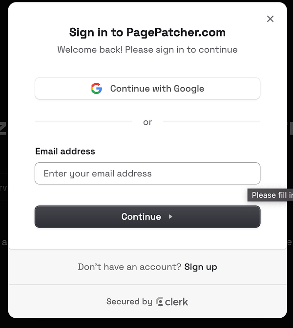 A login interface for PagePatcher.com requiring user authentication.