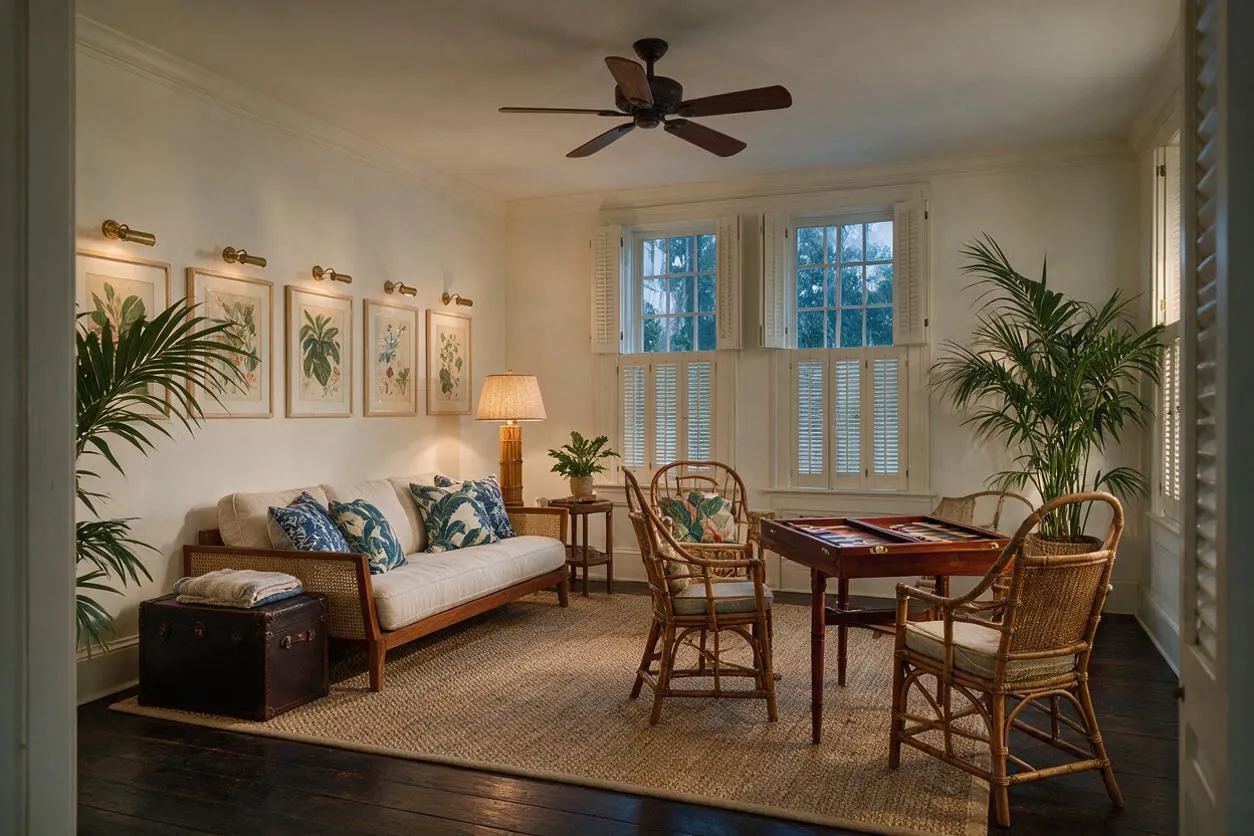 A tropical-style game room with a cream sofa, wicker chairs around a wooden game table, and large potted palms in the corners. Framed botanical prints, plantation shutters, a woven rug, and warm lamp light create a relaxed, airy atmosphere.