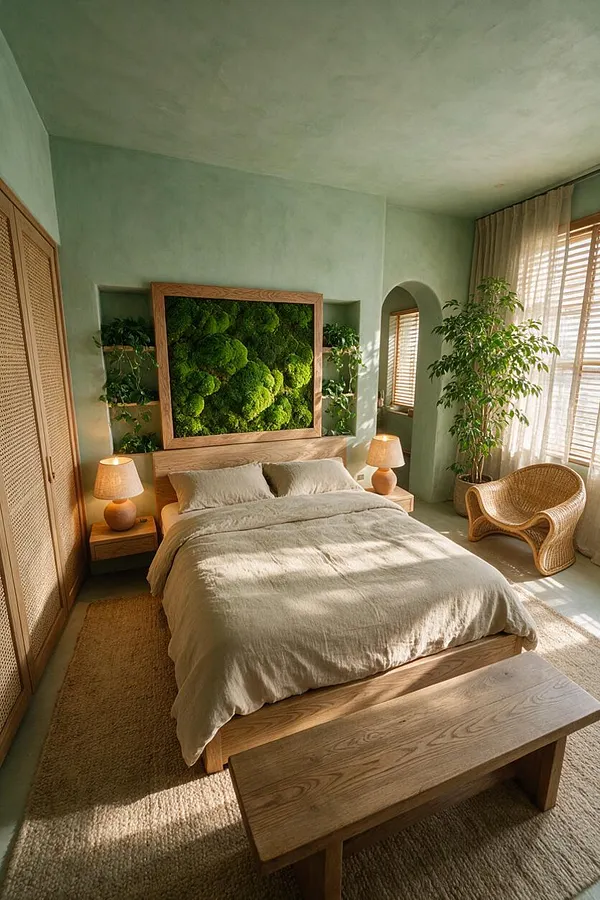A serene master bedroom with a low wooden bed dressed in beige linen bedding, centered beneath a framed moss wall art piece. The room features pale green walls, woven wood closet doors, rattan furniture, potted plants, and soft sunlight filtering through sheer curtains and blinds.