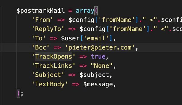 The image displays a snippet of PHP code for configuring email settings.