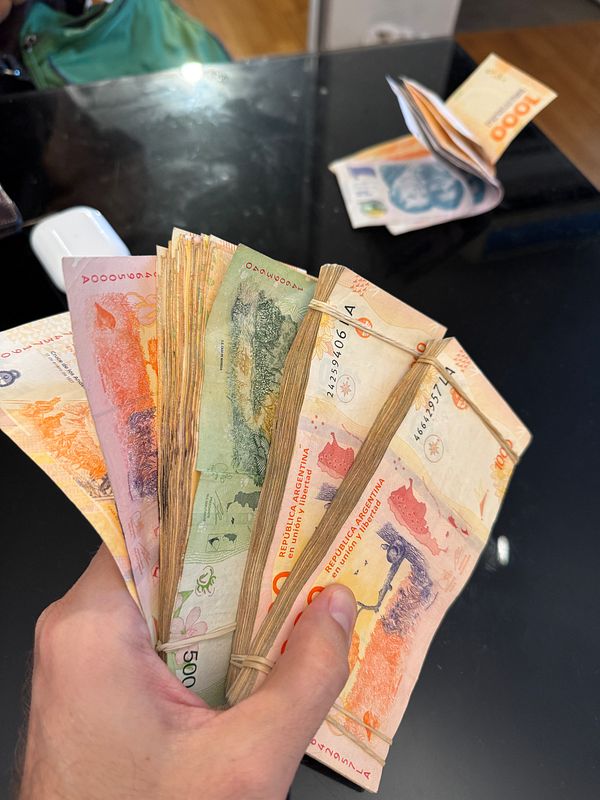 A hand holds a bundle of Argentine banknotes, showcasing various denominations.