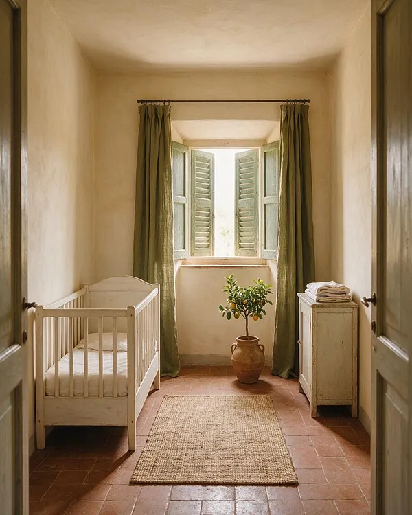 A narrow Mediterranean-style nursery with textured cream walls, terracotta tile flooring, and a small white crib on the left. Green shuttered windows with matching curtains frame the back wall, while a potted citrus tree and a woven rug add warmth and natural texture.