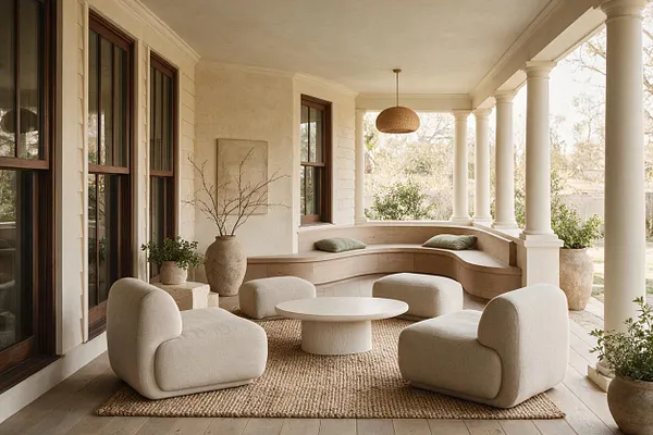 A covered front porch styled as a lounge with rounded cream upholstered chairs, a low circular table, and a woven jute rug. The space includes a built-in curved wood bench with green cushions, tall white columns, dark wood-framed windows, and neutral ceramic planters with airy branches and greenery.