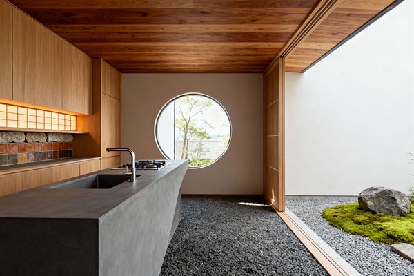 A minimalist Japanese Zen kitchen features a monolithic charcoal concrete island with integrated sink and black gas burners, set over a floor of dark river pebbles. Natural wood cabinetry and ceiling, a backlit shoji panel, and an earthy stone-and-ceramic tile backsplash frame a round window, while sliding wood lattice doors open to a gravel courtyard with a moss mound and boulder, bringing soft daylight and garden views into the serene space.