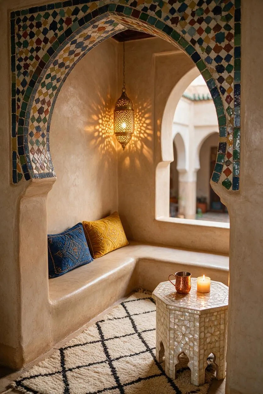 A small Moroccan-style alcove with a curved plaster bench, colorful mosaic-tiled arch, and patterned lantern casting warm shadows on the wall. Blue and mustard cushions sit on the bench, while a mother-of-pearl side table, candle, and copper cup rest on a geometric rug in the foreground.