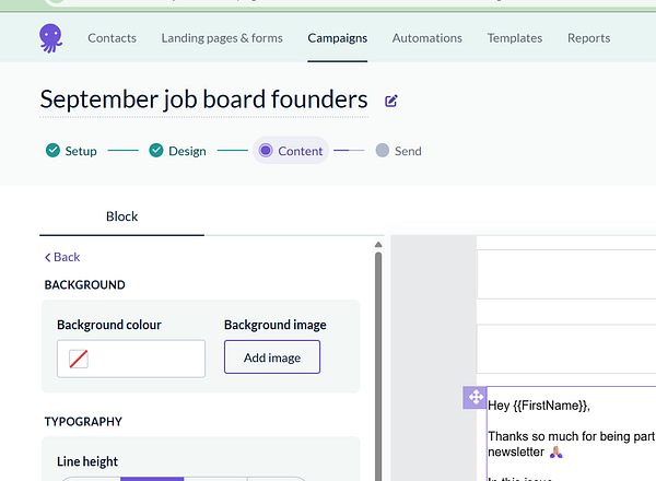 The image displays a user interface for creating a monthly newsletter for job board founders.