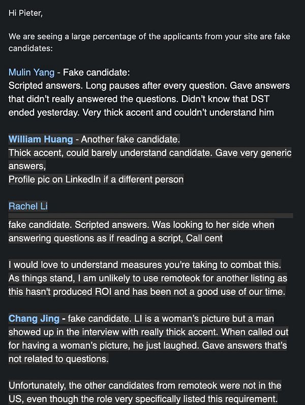 The image displays an email discussing concerns about fake candidates in job interviews sourced from a platform.