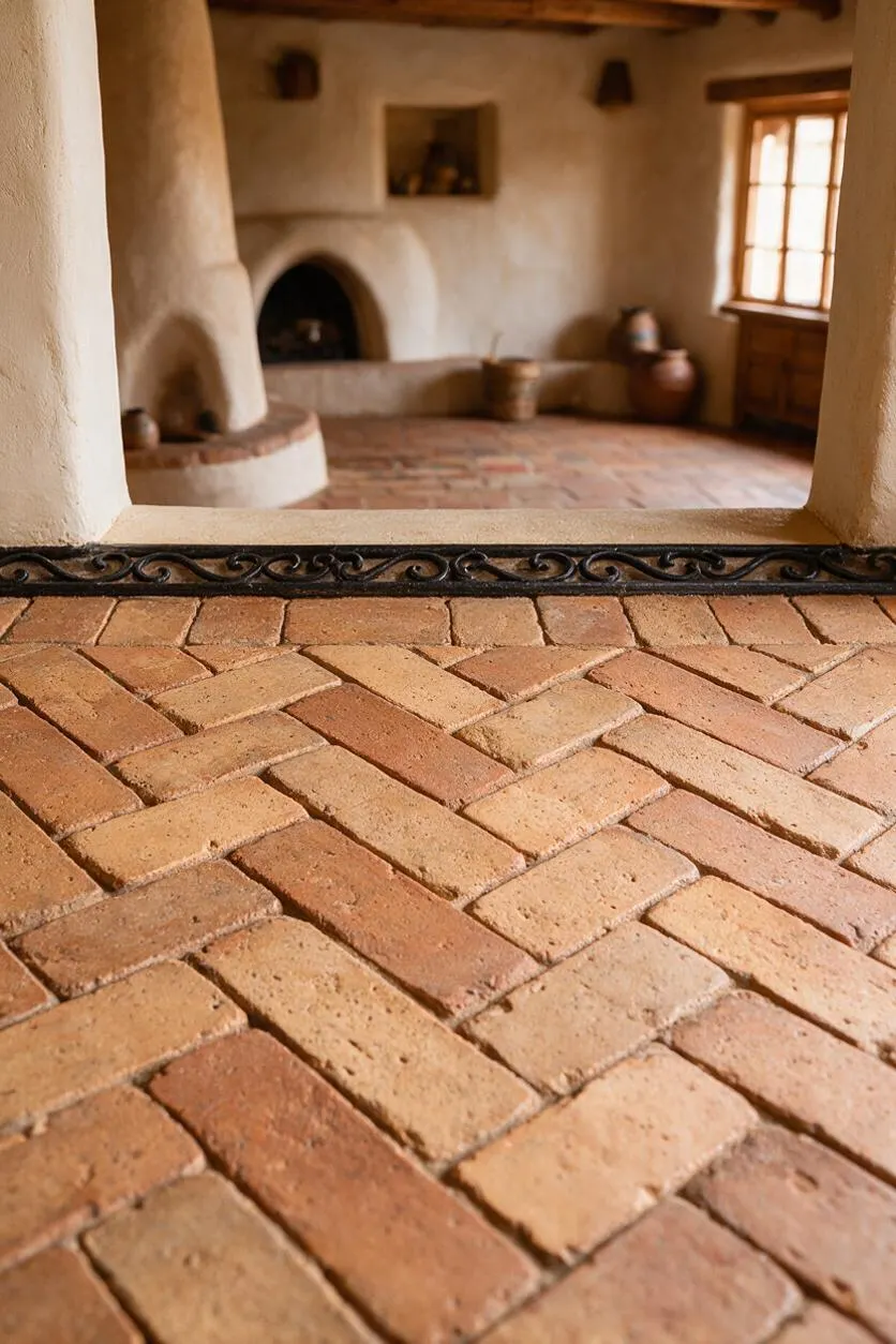 A Southwestern-style interior featuring a close-up of warm terracotta brick flooring laid in a herringbone pattern. In the background are soft adobe walls, a rounded fireplace, a wood-framed window, and rustic ceramic vessels, creating a cozy, earthy atmosphere.
