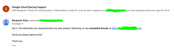 An email exchange regarding the approval of a Google Cloud account, highlighting frustration with support responses.