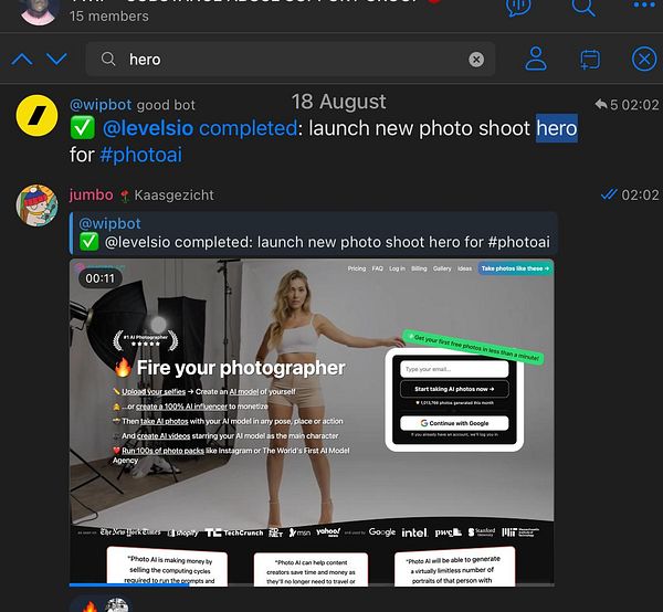 The image displays a screenshot of a task management interface discussing a photo shoot project for a photo AI service.