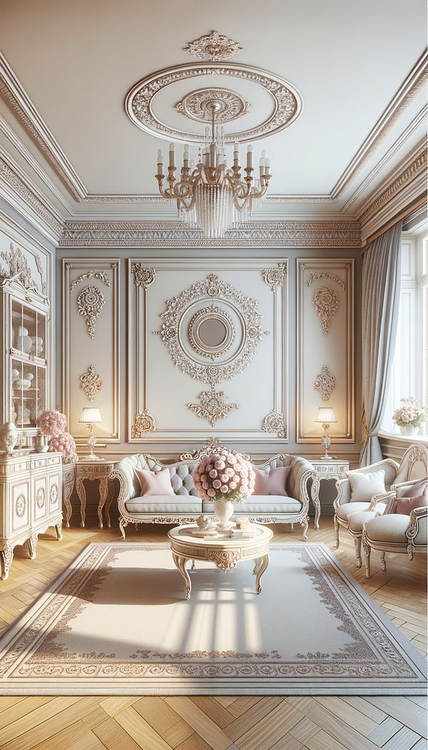 An interior room designed in the Federal style, featuring elegant furniture, delicate decorative motifs, and a light pastel color scheme.