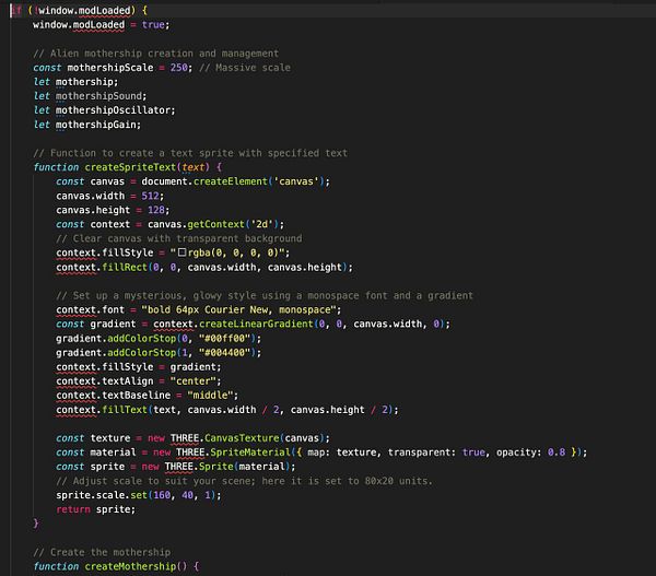 The image displays a code snippet related to creating an alien mothership in a programming environment.