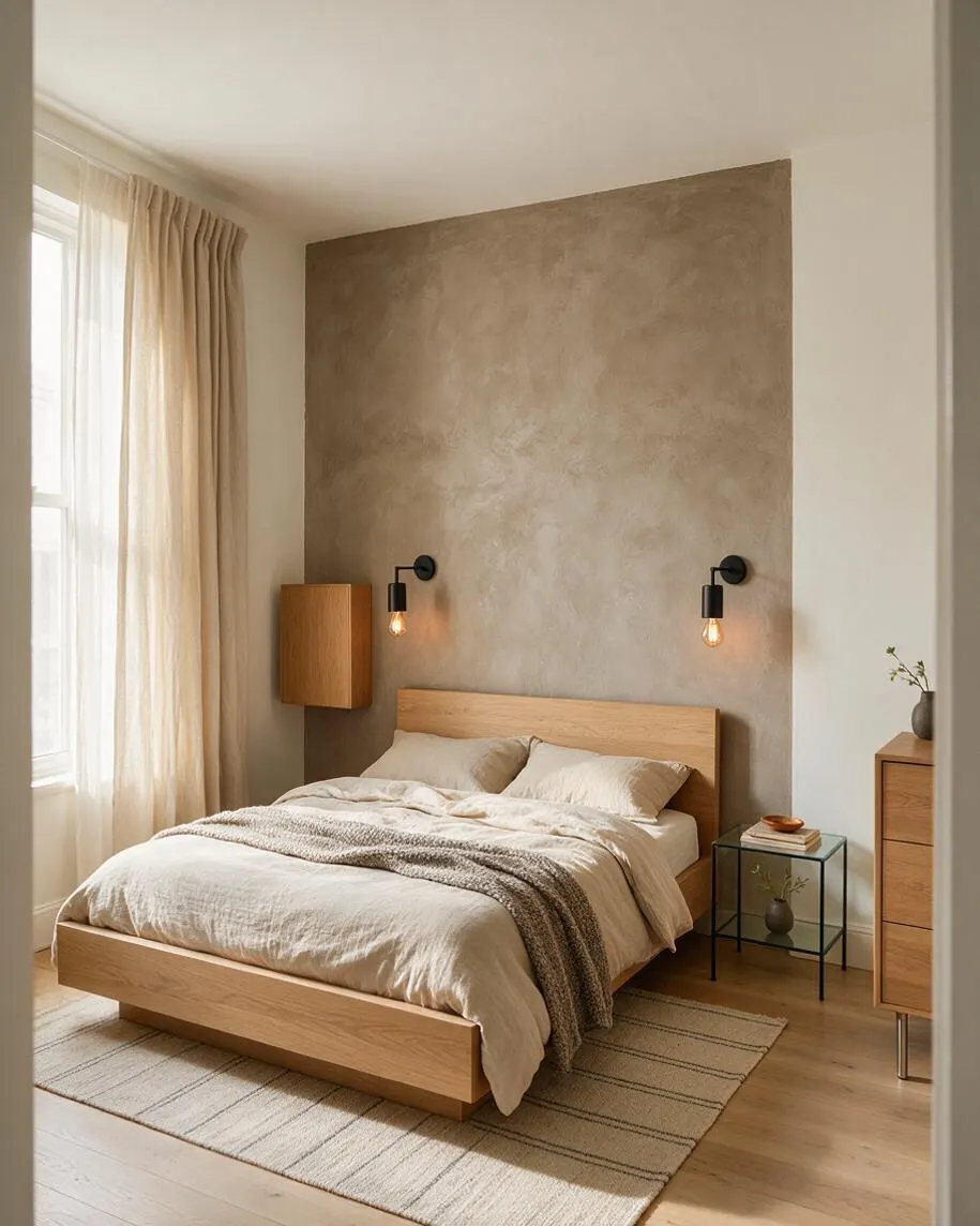 A modern guest bedroom with a low oak bed dressed in soft beige bedding and a textured throw, set against a large taupe plaster accent wall. Black wall sconces, sheer curtains, a small glass side table, and a matching wood dresser create a calm, minimalist space filled with warm natural light.