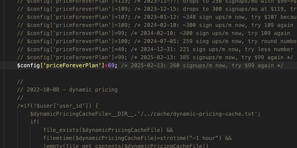 The image displays a code snippet related to dynamic pricing adjustments for a subscription service.