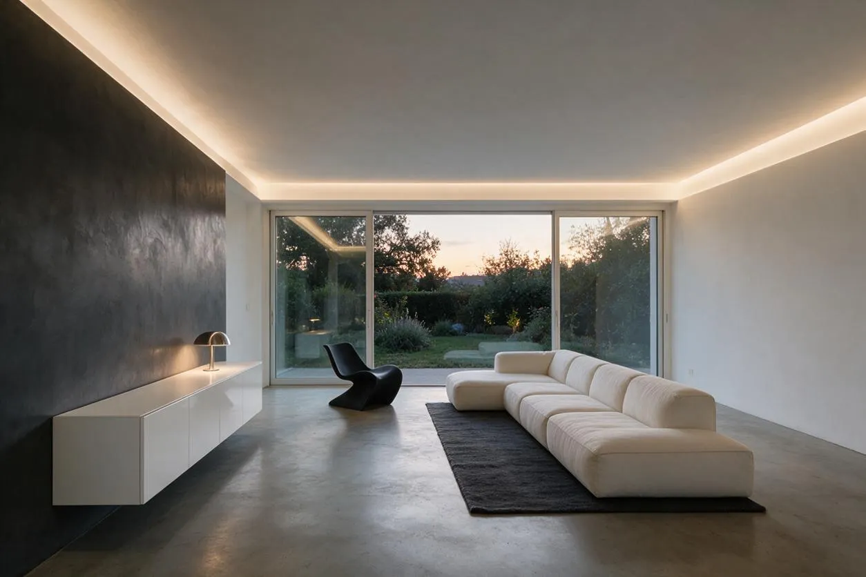 A minimalist sunroom with a low cream sectional on a dark rug, a sculptural black chair, and a floating white console along a charcoal accent wall. Large sliding glass doors open to a landscaped garden at dusk, while soft recessed cove lighting outlines the ceiling.