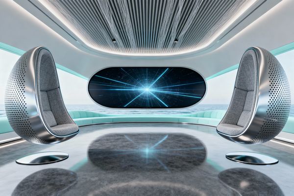 A sleek media room features two egg-shaped pod chairs with perforated silver shells and gray cushions, appearing to float above round mirrored bases. A large oval screen with a starburst graphic anchors a wall of wraparound windows, while a mint-aqua curved bench follows the room’s perimeter; a glossy concrete floor, ribbed ceiling panels, and continuous LED cove lighting create a cool, futuristic look with ocean views beyond.