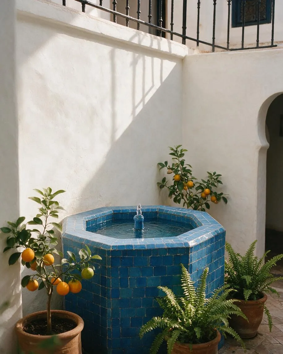 A small Moroccan-style courtyard features a hexagonal blue tiled fountain centered against white stucco walls. Terracotta pots with citrus trees and fern plants surround the fountain, while an arched doorway and black iron railing add traditional architectural detail.