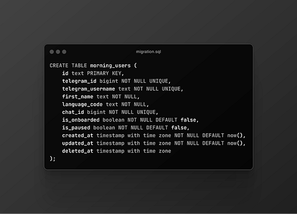 A SQL migration script for creating a 'morning_users' table with various fields.