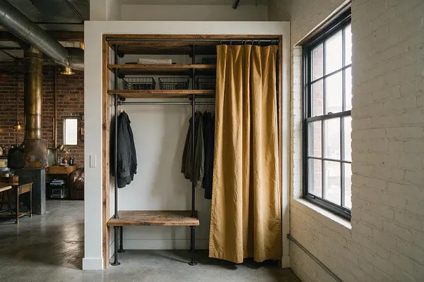 A compact closet built into an industrial loft features open pipe shelving with rustic wood shelves, hanging dark jackets, and a mustard-gold curtain covering part of the storage. It sits beside a large black-framed window and exposed white brick wall, with concrete floors and visible ductwork reinforcing the industrial feel.