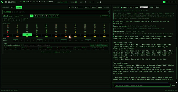 Screenshot of an open source TR-8S drum machine studio interface showing various controls and steps for music creation.