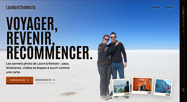 Website homepage design for Lau Rom The World featuring a header image, project sections, and a product list.