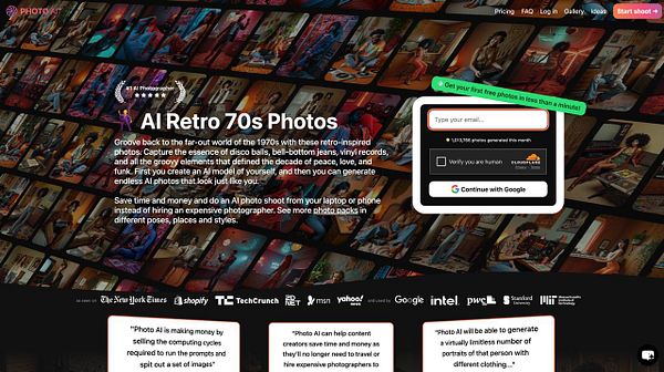 The image features a promotional webpage for an AI photo service specializing in retro-themed photography from the 60s to the 70s.