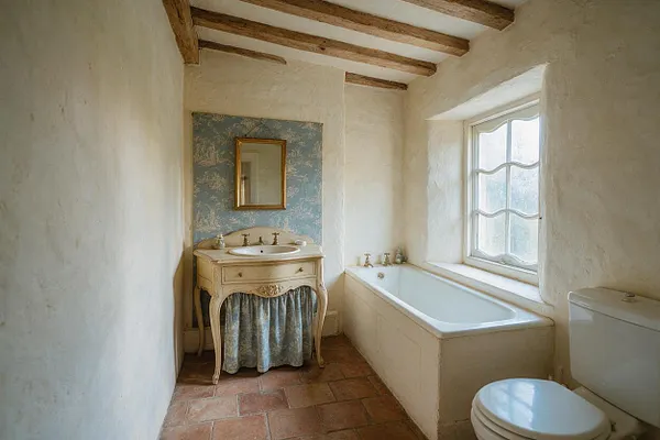 A French Country master bathroom with rough plaster walls, exposed wooden ceiling beams, terracotta tile flooring, a painted vintage vanity with a gold-framed mirror, a built-in bathtub by a frosted-paned window, and a white toilet. The room feels airy, rustic, and softly elegant.