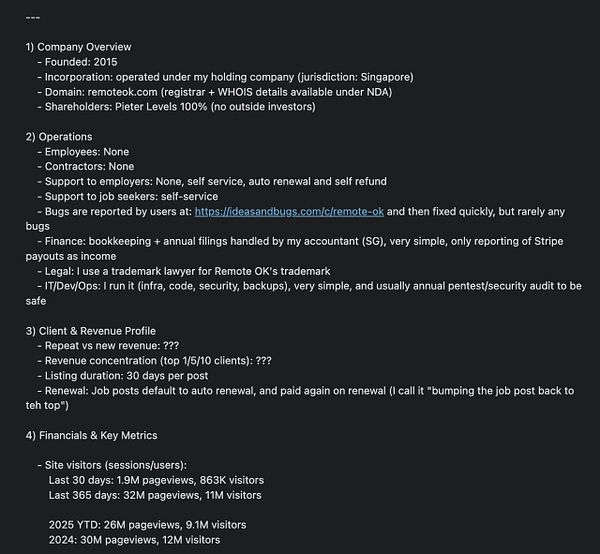 The image displays a detailed document outlining the company overview, operations, client and revenue profile, and financial metrics for a business related to remote job postings.
