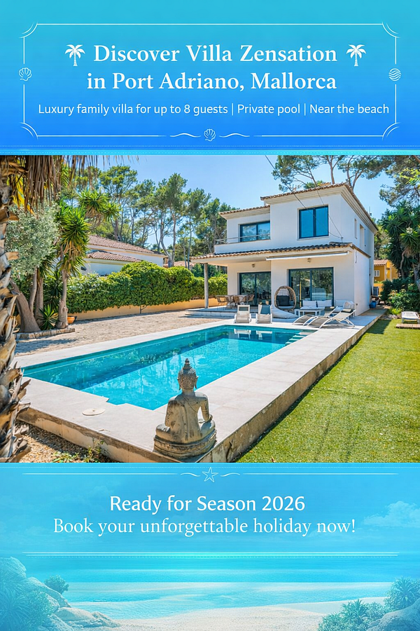 A luxurious villa with a private pool in Port Adriano, Mallorca, ideal for family vacations.