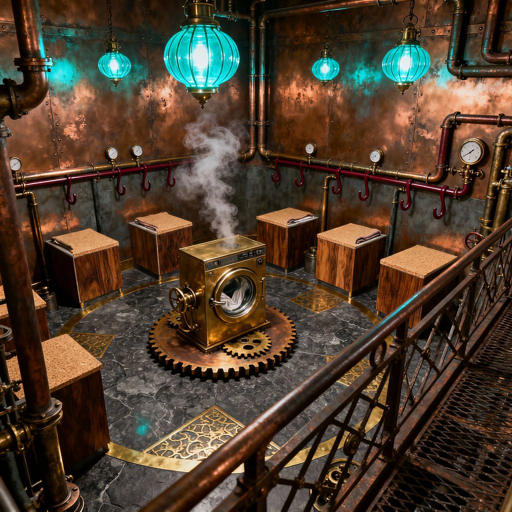 An industrial-themed laundry room with patinated copper walls and exposed brass pipes features a central brass washing machine mounted on a large gear, releasing steam. Teal glass pendant lights glow over a circular charcoal marble floor with brass inlays, while pressure gauges, a burgundy hook rail, and a ring of stained-wood hampers with cork lids line the perimeter beside wrought-iron railings and valves.