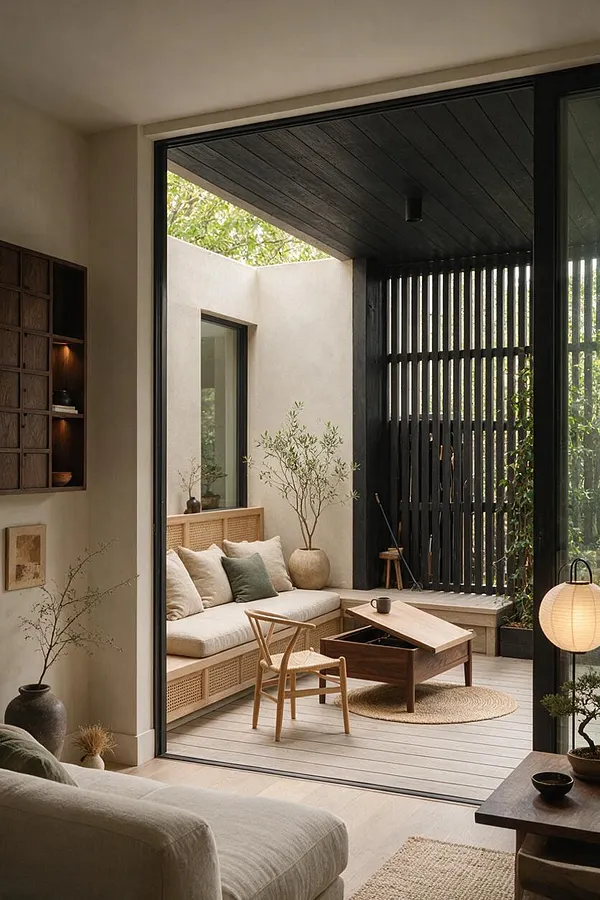 A calm Japandi-style backyard courtyard seen through large sliding glass doors, featuring a built-in cushioned bench with woven wood detailing, a low wooden tea table, a simple wooden chair, and pale decking. Black vertical slat screening, cream stucco walls, potted olive-like trees, and a glowing paper lantern create a warm, minimalist outdoor retreat.