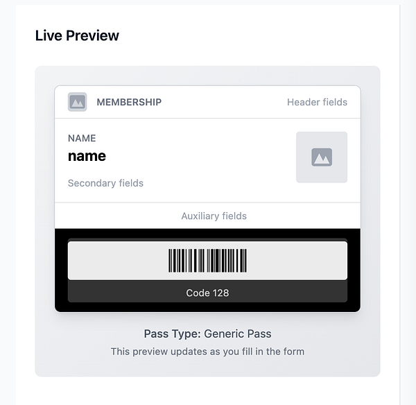 The image displays a live preview of a membership pass design for pkpass.