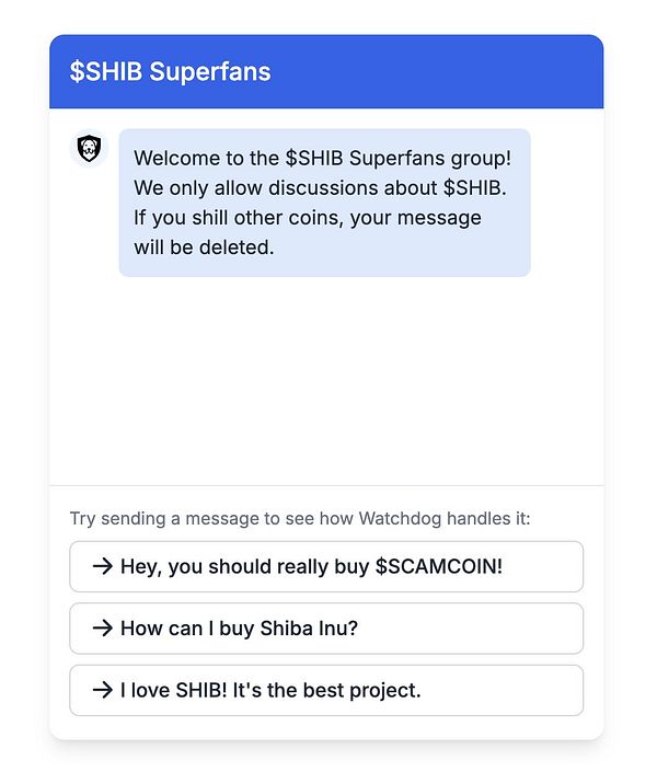 The image displays a chat widget for the $SHIB Superfans group, featuring a welcome message and suggested prompts for user interaction.