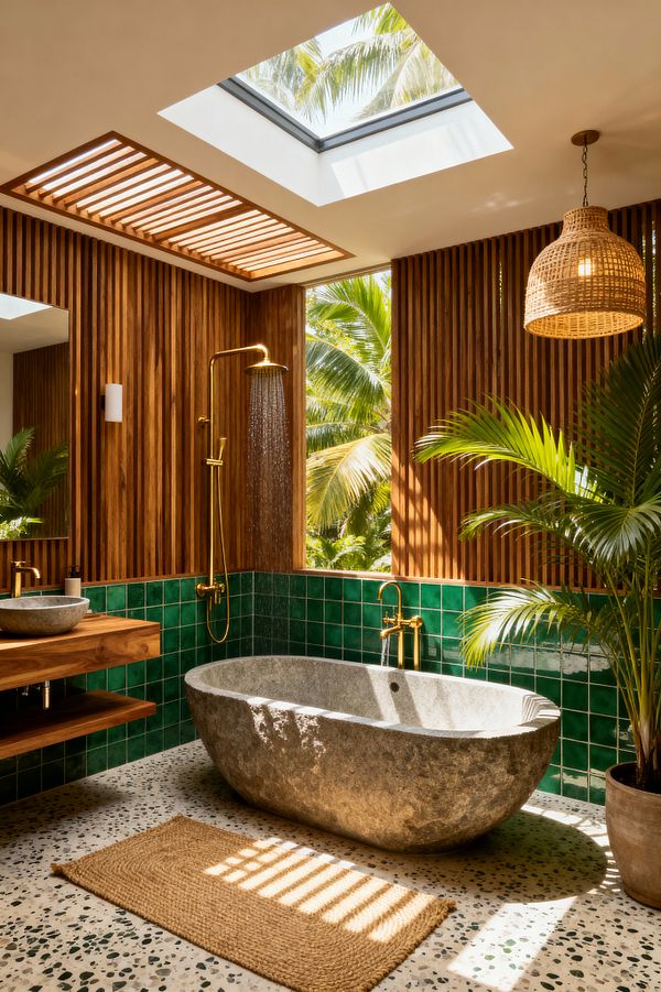 A sunlit tropical bathroom featuring a freestanding stone soaking tub set on a speckled terrazzo floor, framed by emerald green square wall tiles and vertical teak slat paneling. A brass rain shower, rattan dome pendant, and a floating wood vanity with a stone vessel sink sit beneath a large skylight and slatted screen, while potted palms and a window to lush palm trees complete the airy, spa-like atmosphere.